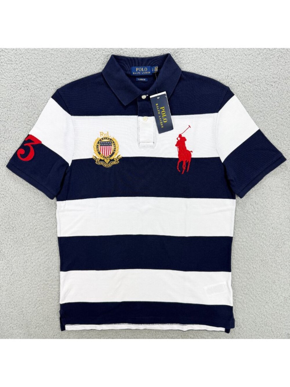 Polo Ralph Lauren Shirt Small S Navy Blue White Stripe Big Pony 3 USA Crest VTG
